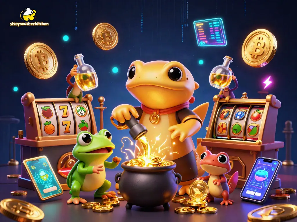 Sissyssouthernkitchen showcases a vibrant casino scene featuring gold coins, slot reels, and magical characters.