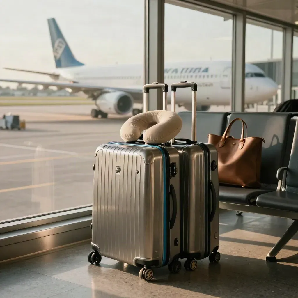 Dos maletas de cabina, almohada de cuello y tote en aeropuerto con avión taxiando al fondo.