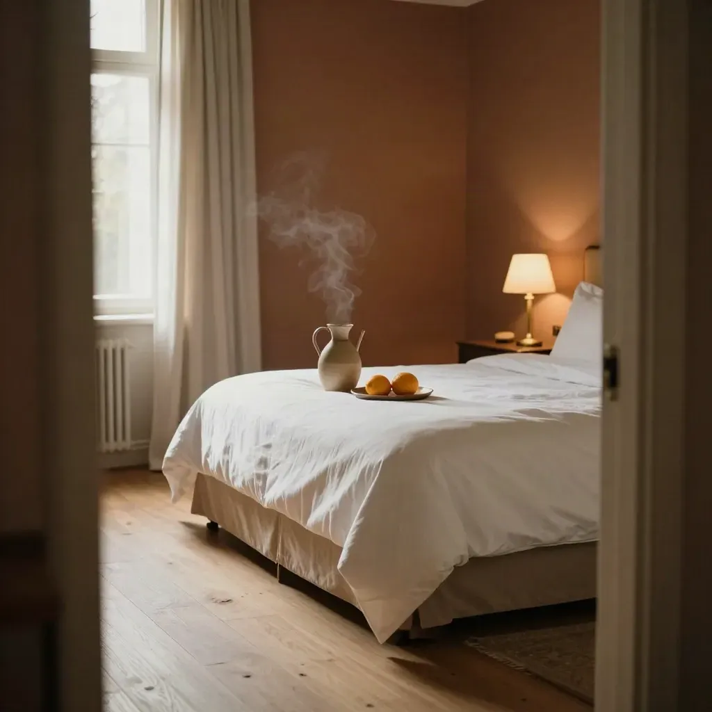 Habitación boutique de hotel con cama blanca, cortinas abiertas, jarra cerámica y cítricos junto a la cama.
