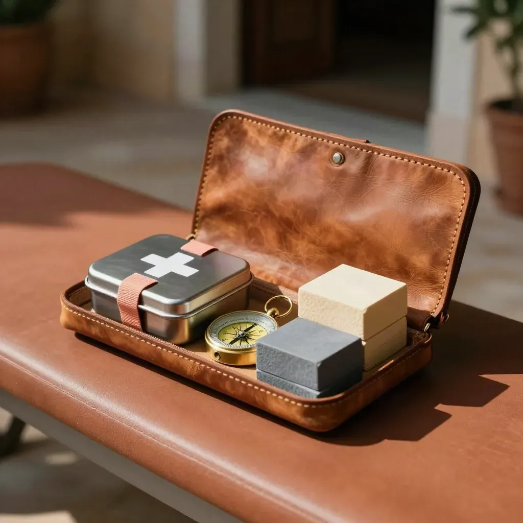 Kit de viaje ordenado con cartera de cuero, botiquín, brújula y cubos sobre banco terracota.