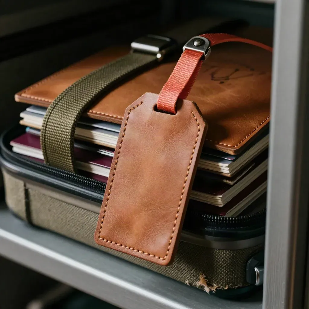 Etiquetas de equipaje, correas y fundas de pasaporte apiladas con luz rasante