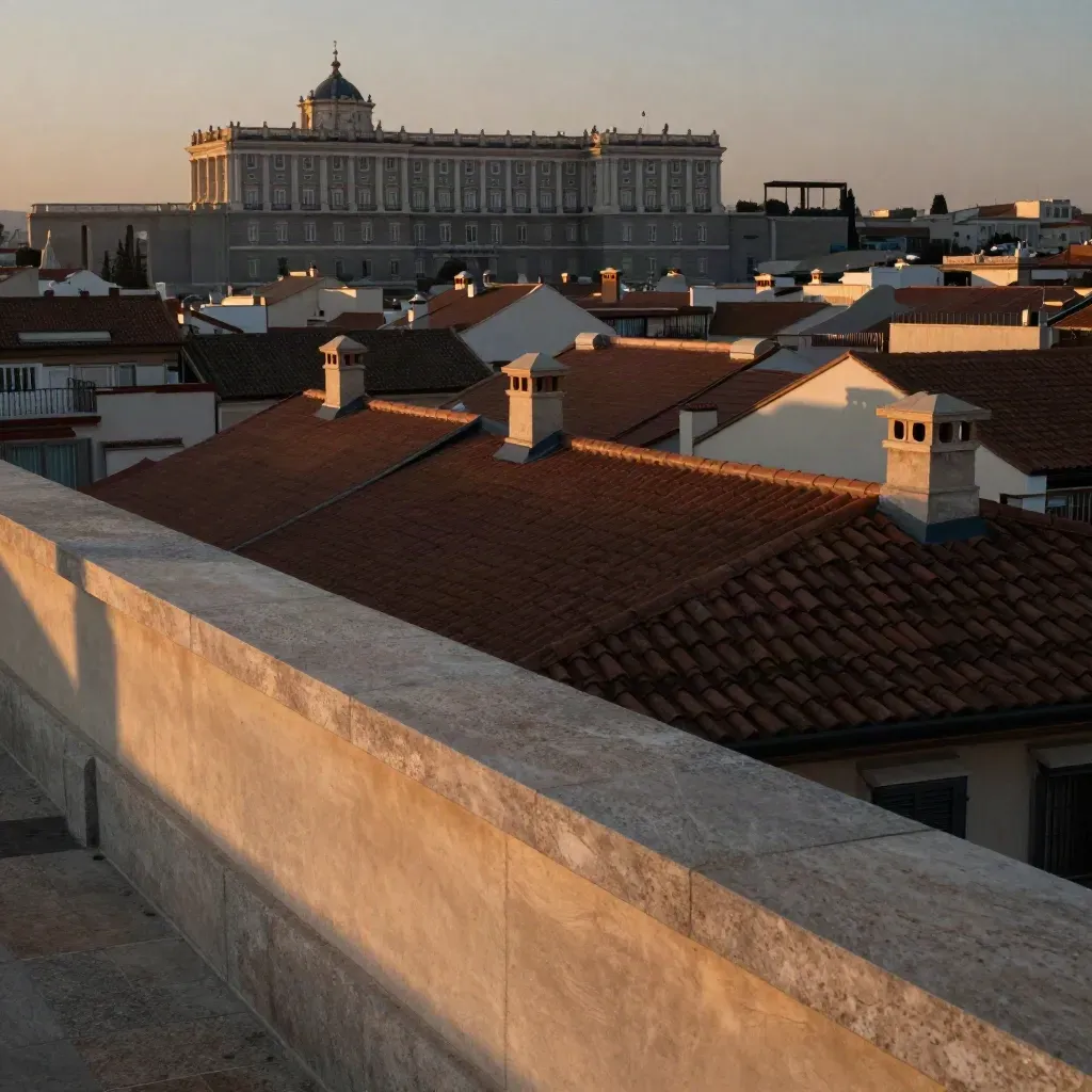 Terraza elevada sobre Madrid al atardecer, con azoteas y el perfil del palacio en la bruma.