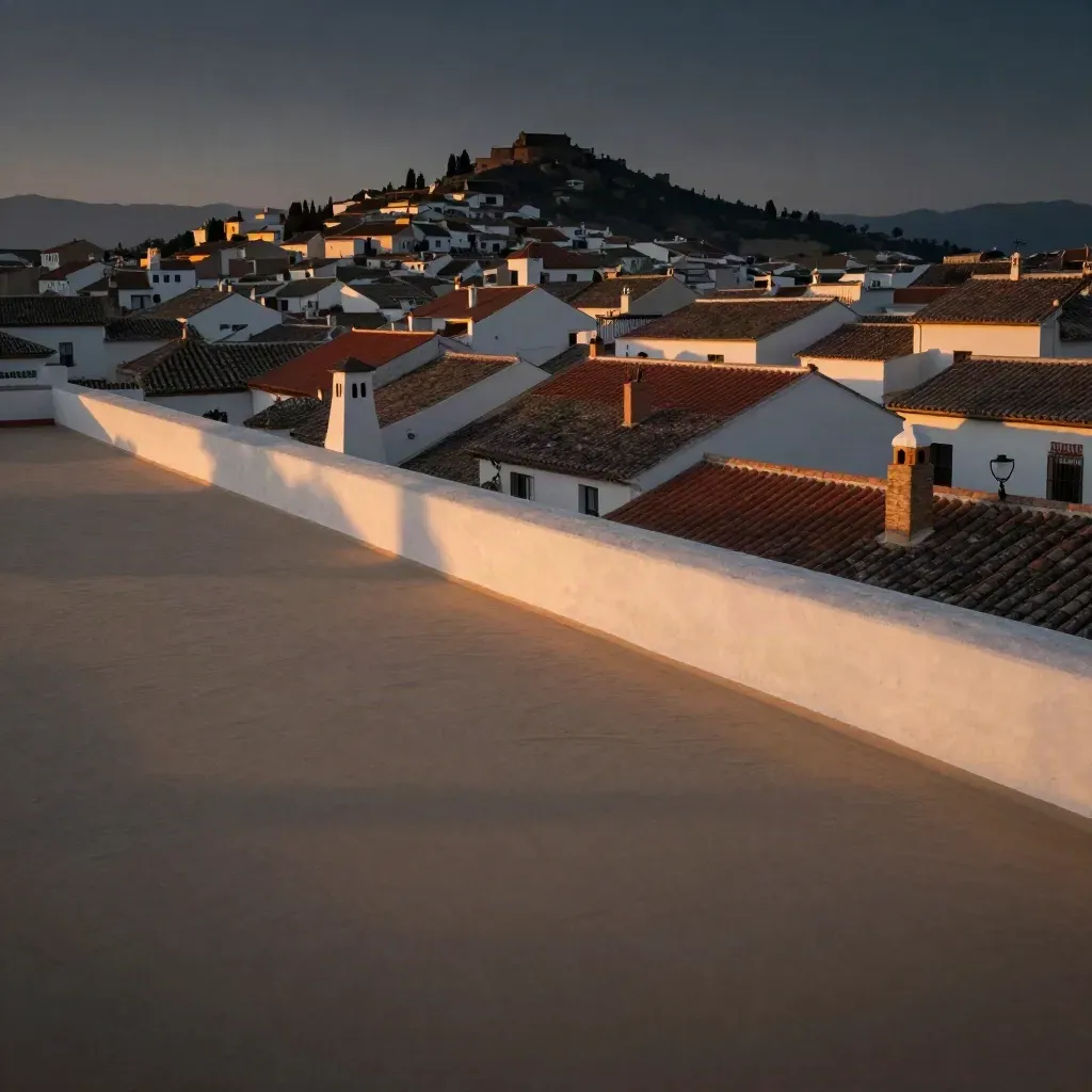 Vista de tejados blancos y colinas andaluzas al atardecer, con niebla suave y espacio para texto.